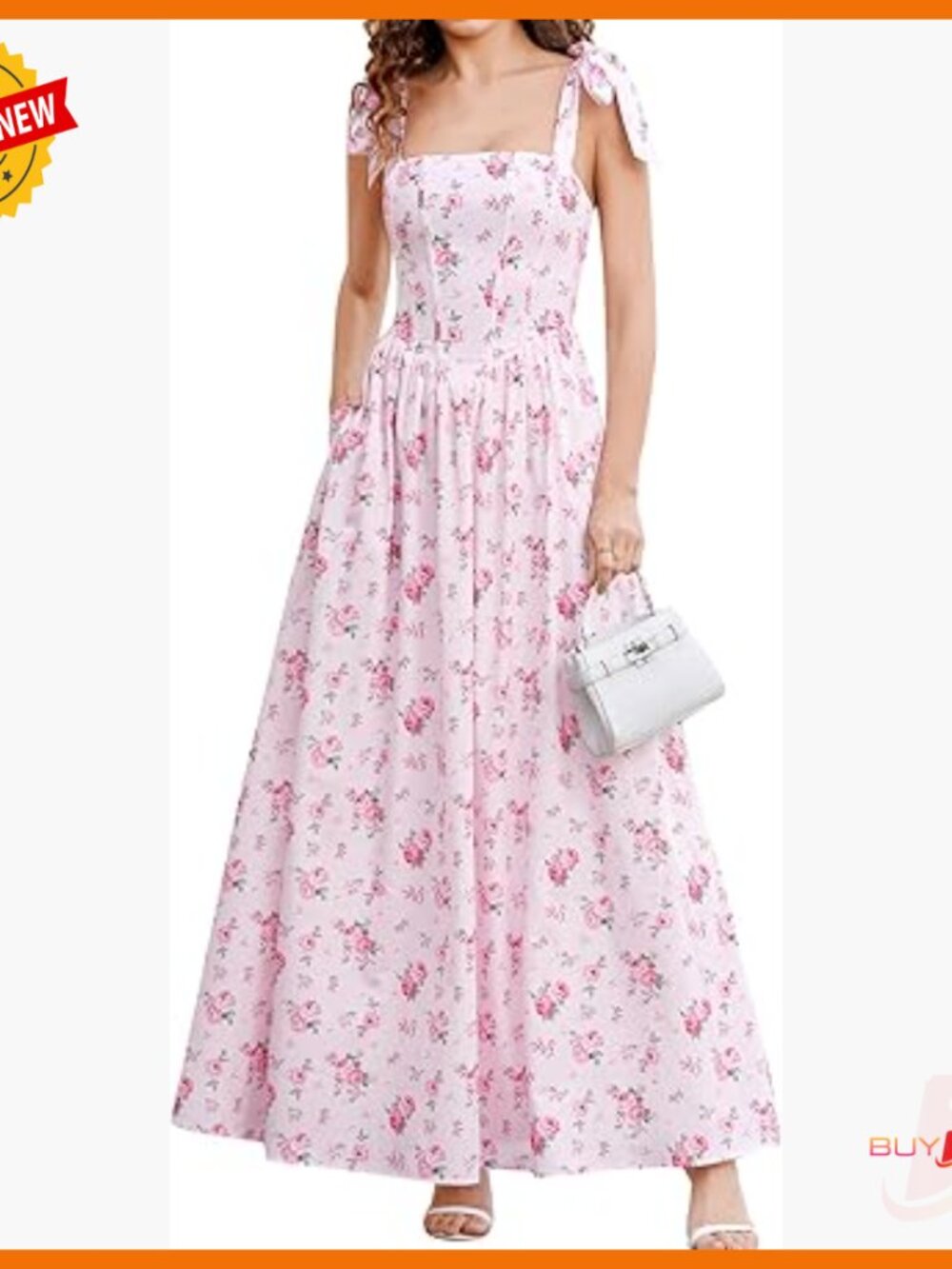 Summer Corset Maxi Dress With Pockets, Tie Shoulder, A-Line